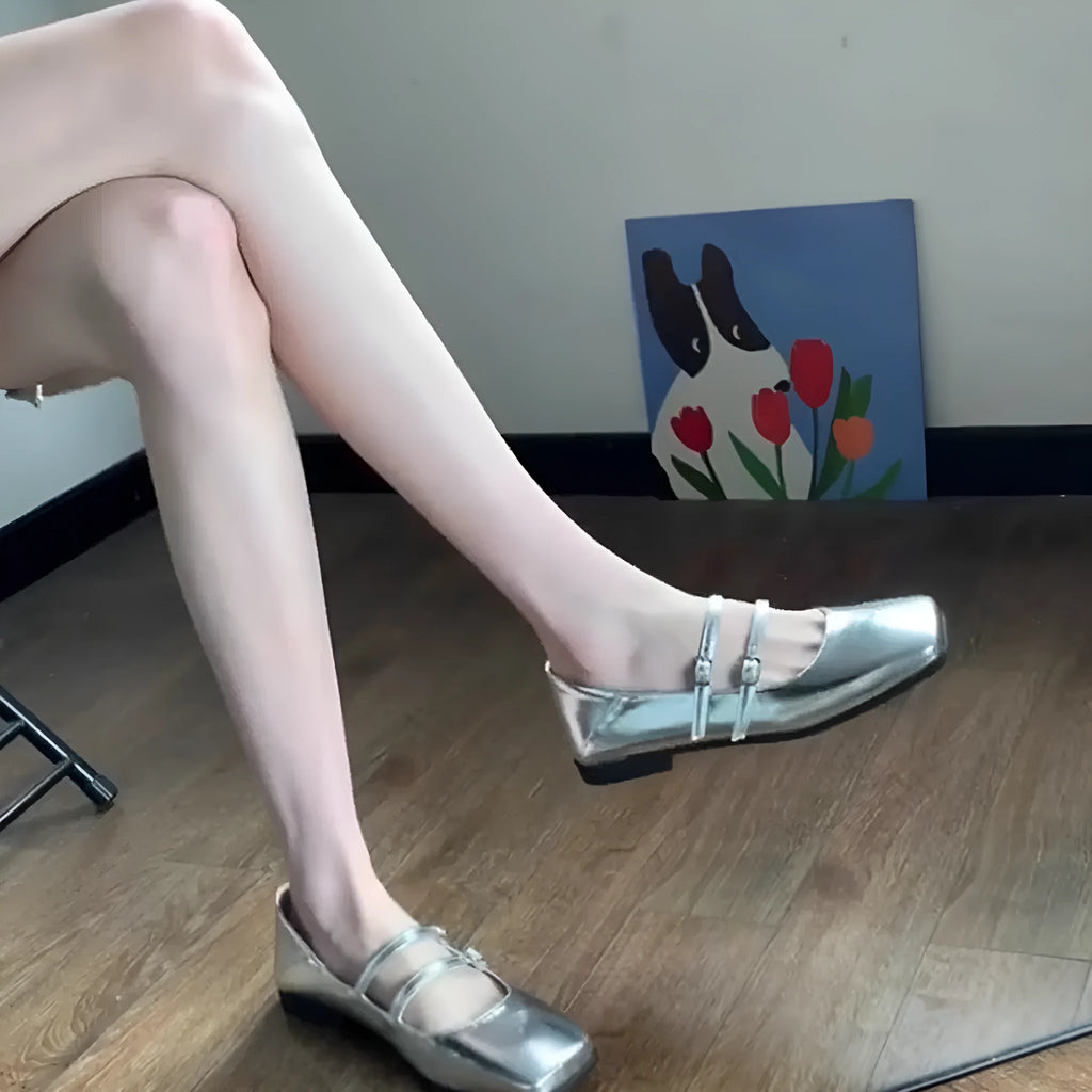 Women's silver leather cross buckle strap ballet slipper shoes with flat heel
