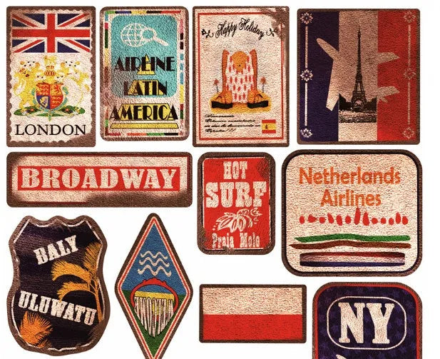 36 retro beach and surfing themed vinyl stickers in various sizes from 6cm to 10cm with matte finish