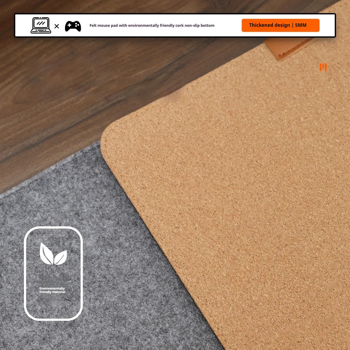 Medium grey felt cork oversized desk mat with Japanese style simple design on a wooden desk.