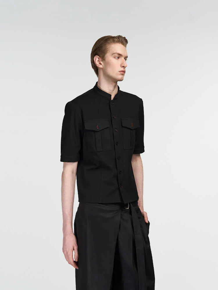 Black handmade red eye hunting half sleeve shirt with shirt collar and loose fit design