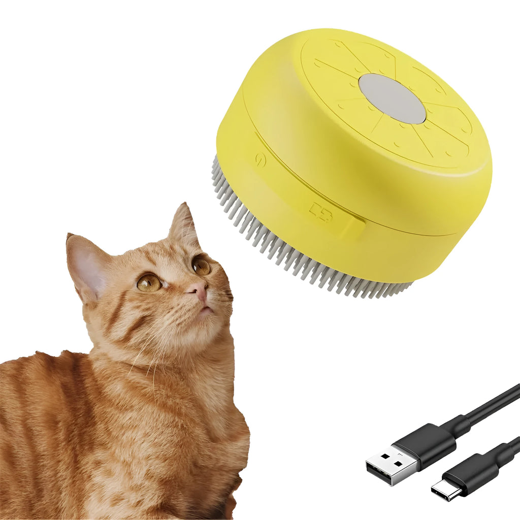 Green rechargeable cat steam brush with silicone bristles on a white background