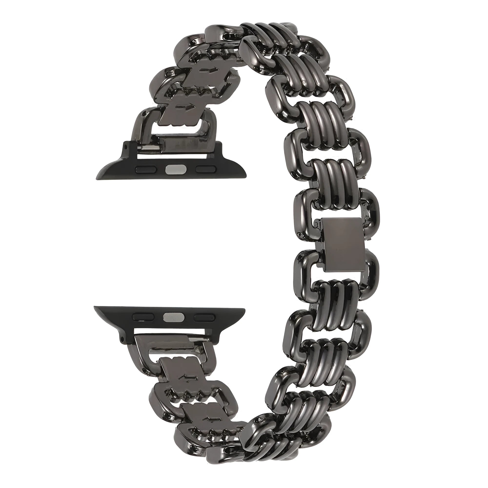 Alloy metal watch bracelet for Apple Watch in silver, black, gold, rose gold, and starlight colours on a white background