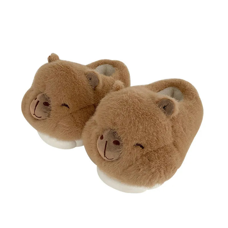 Light brown women's winter plush slippers with cartoon pattern and artificial wool lining