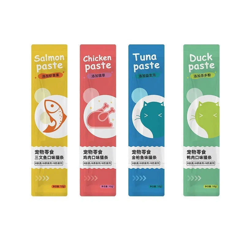Pack of kitten cat strip snacks showing four flavour options in 10-piece packaging