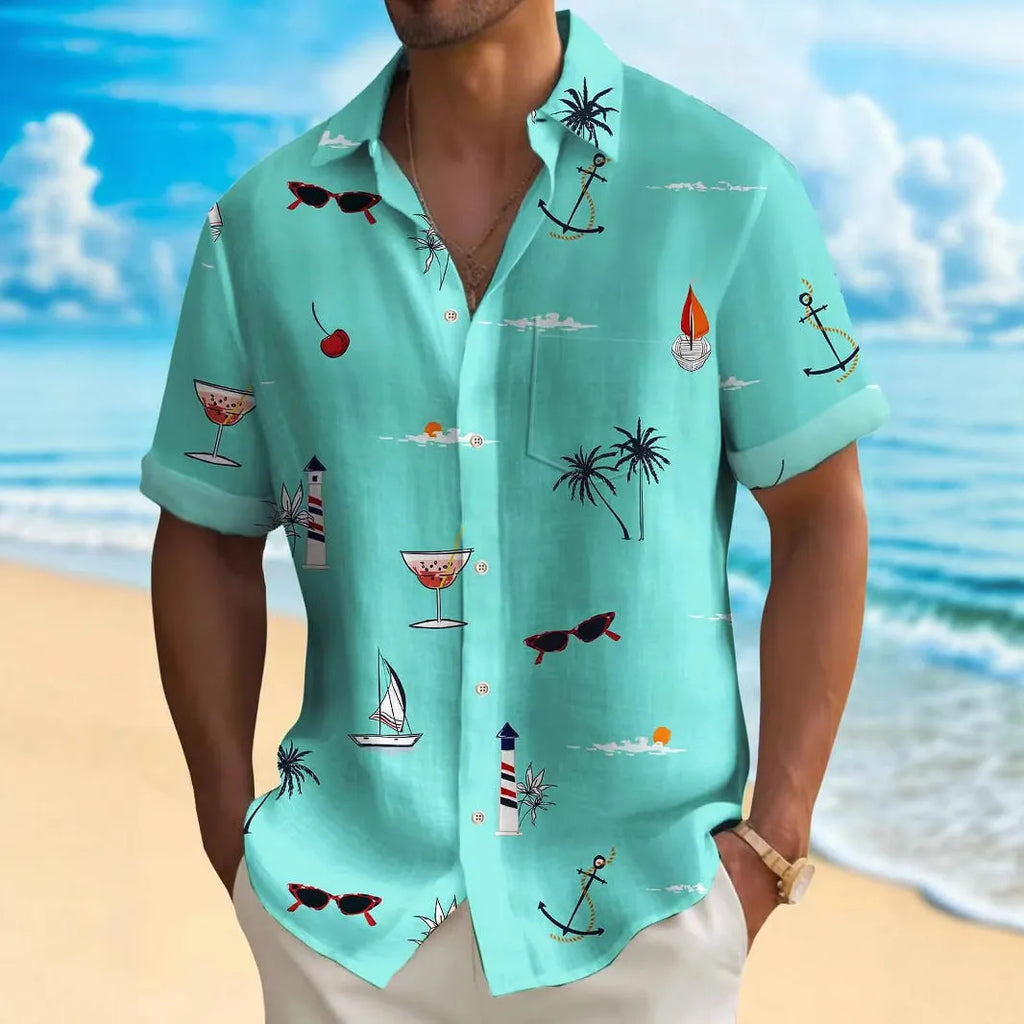 Man wearing loose fit Hawaiian shirt with digital print pattern, short sleeves, polyester fabric.