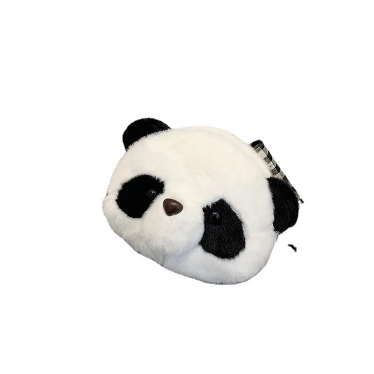 Soft plush crossbody bag with panda head design, cylindrical shape, and an outer sandwich pocket.