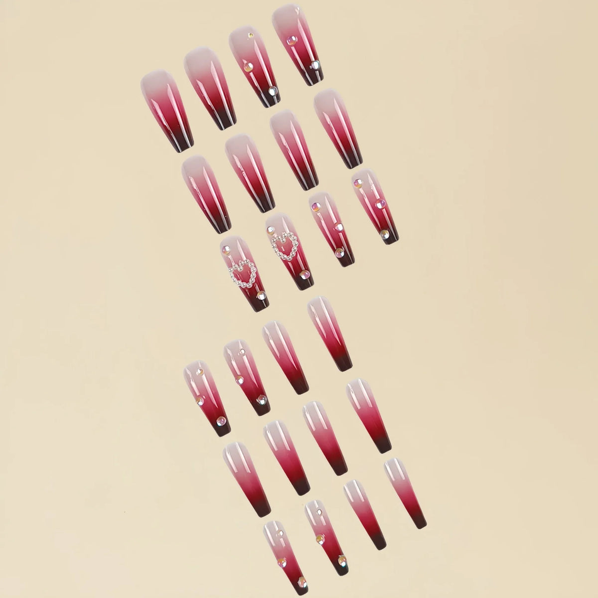 Wine red gradient fake nail tips with pearl heart design and plaid pattern in long ballet style