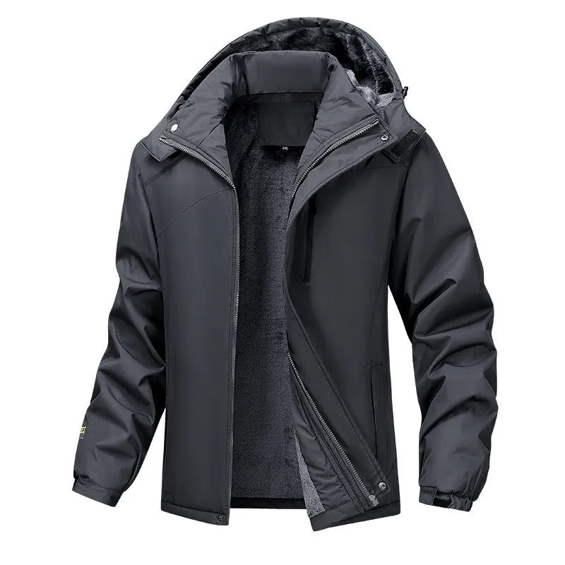 Men's plus size hooded coat in Army Green, made from waterproof polyester fabric.