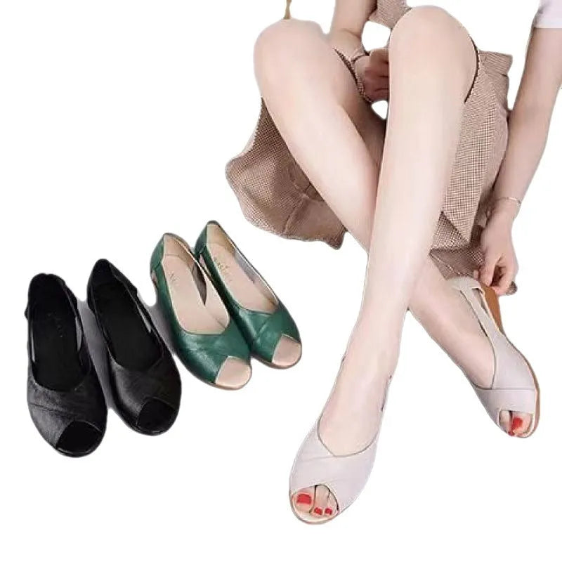 Women's casual peep toe sandals with ankle buckle in black, milky white, and peacock blue.