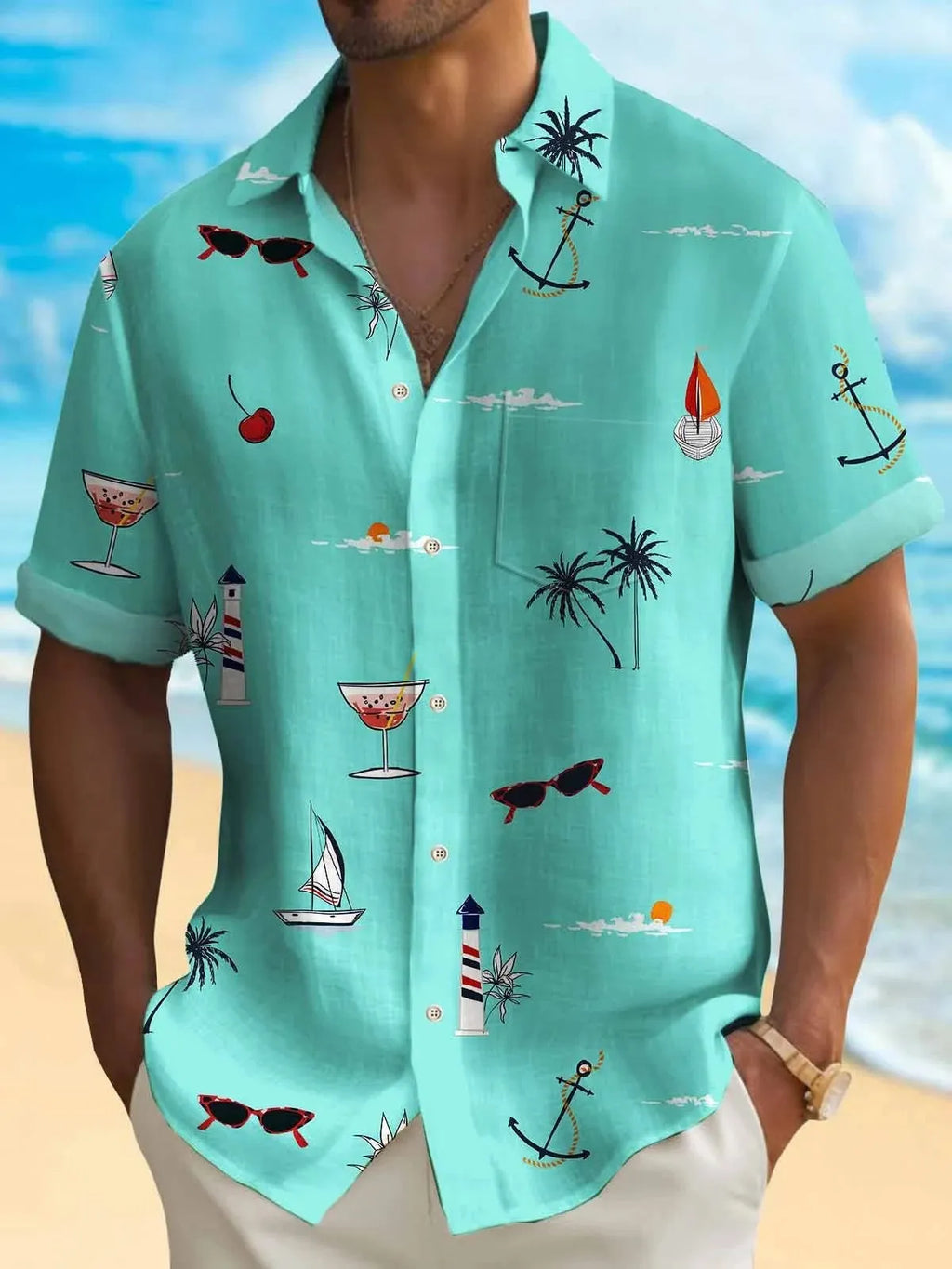 Man wearing loose fit Hawaiian shirt with digital print pattern, short sleeves, polyester fabric.