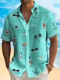 Man wearing loose fit Hawaiian shirt with digital print pattern, short sleeves, polyester fabric.