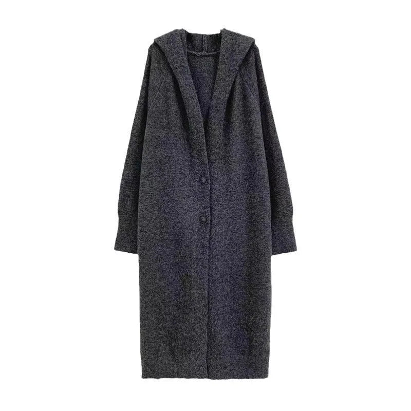 Korean style long hooded cardigan for women in oatmeal colour, showing below-the-knee length and loose fit.
