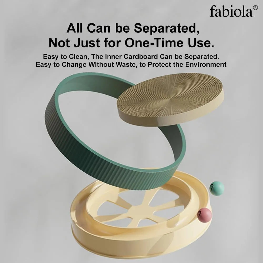 Large circular cat scratching board with interactive ball toys and replaceable cardboard core
