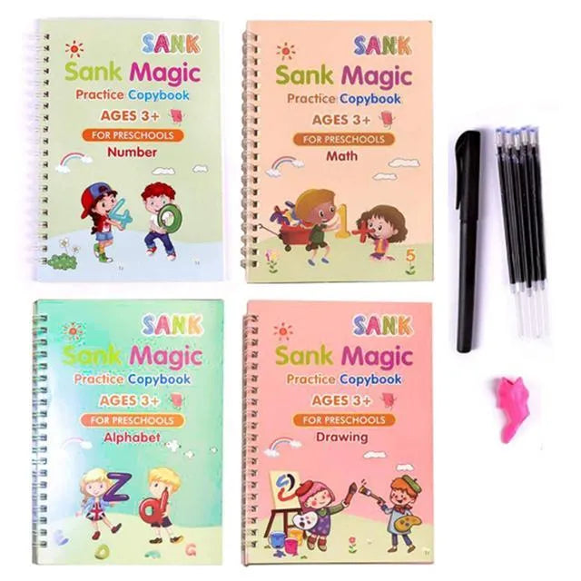 Magic Stylus Clean copybook set showing four handwriting practice books with pen