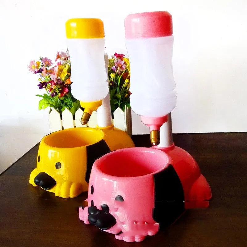 Adjustable plastic pet drinking bowl with rod lift mechanism in pink, blue, or yellow colours