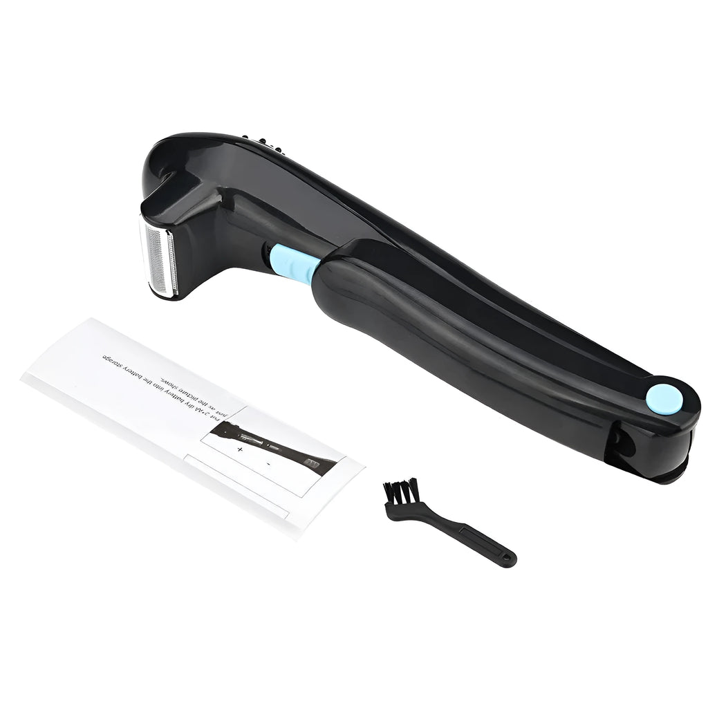 Black folding electric body shaver with pivoting head in closed position
