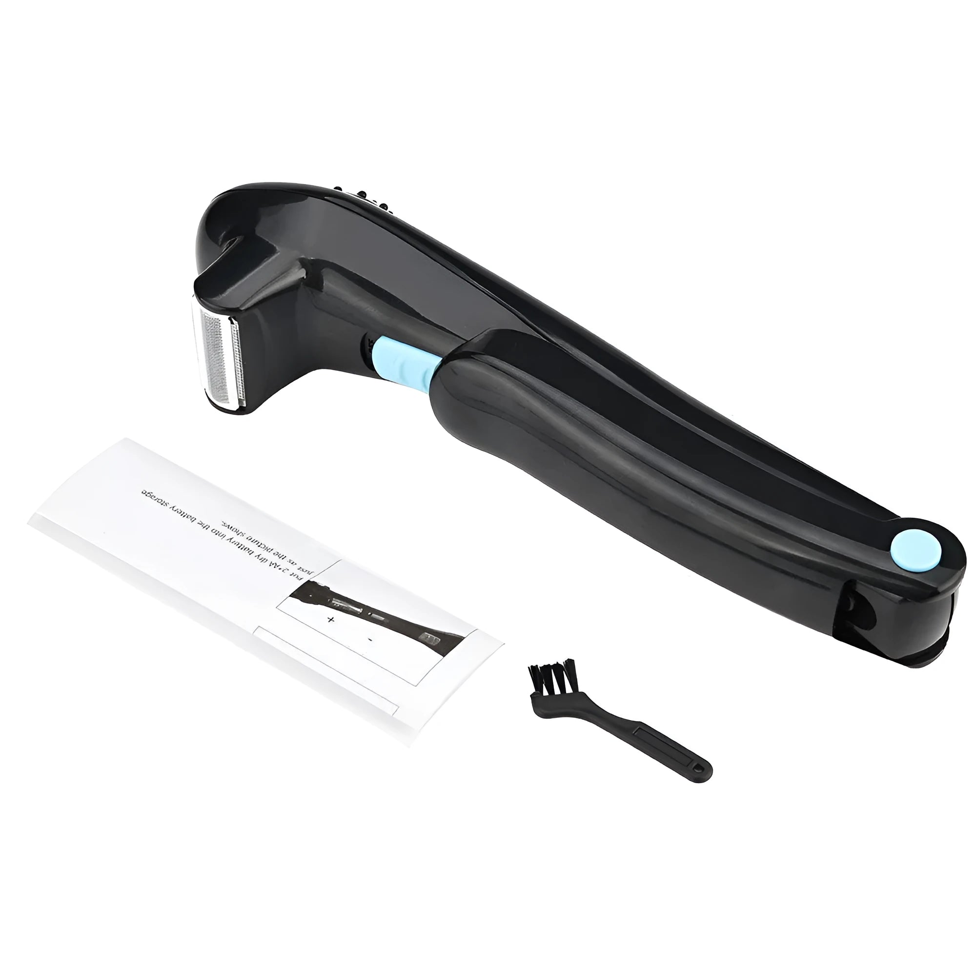 Black folding electric body shaver with pivoting head in closed position