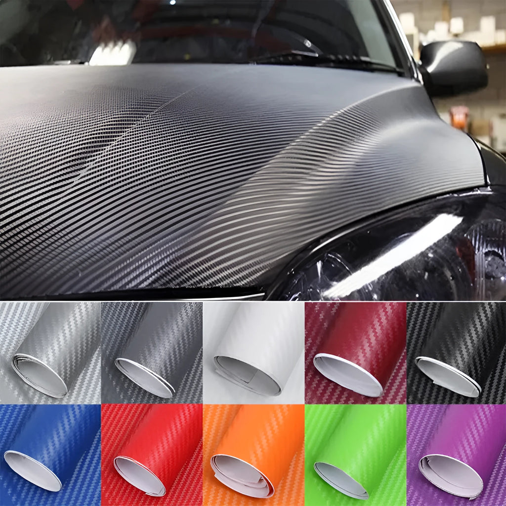 Roll of 3D carbon fibre sticker for car decoration in various colours, measuring 30cm by 127cm