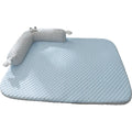 Blue and yellow pet bed cushion with big-eyed monster design on a non-slip base for dogs and cats.