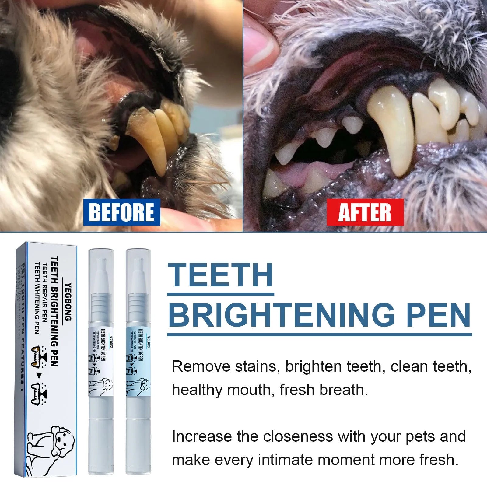 Pet teeth whitening pen with dental brushes for dog and cat tartar reduction