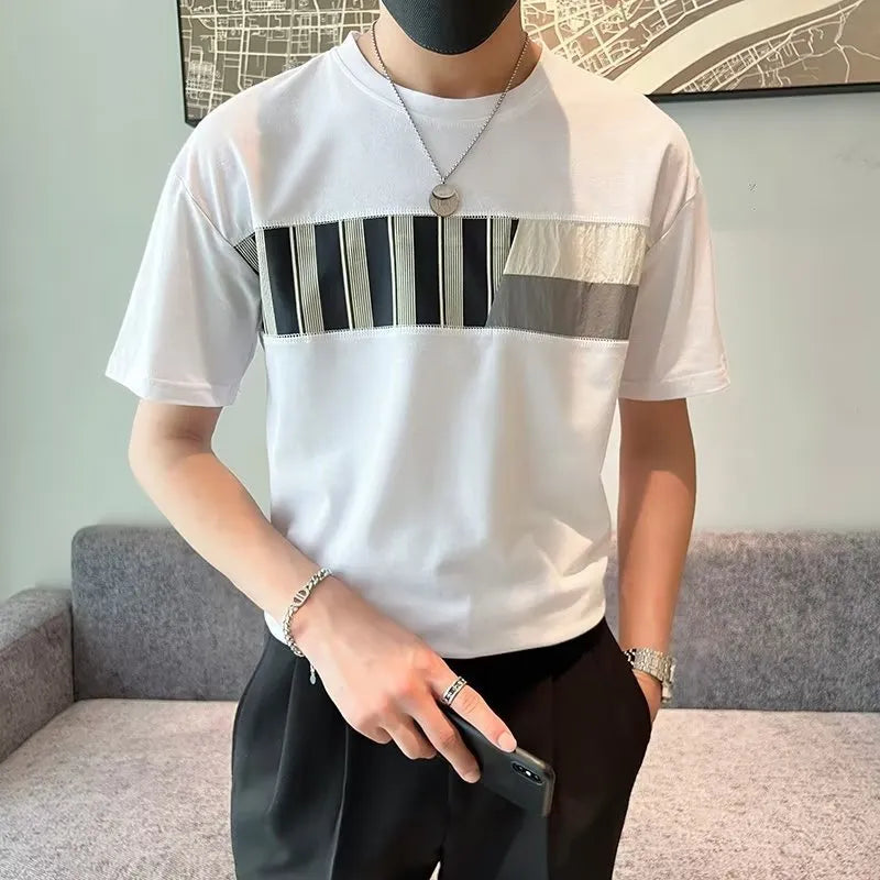 Men's summer short sleeve T-shirt, cotton-linen blend, loose fit, round neck, solid black or white
