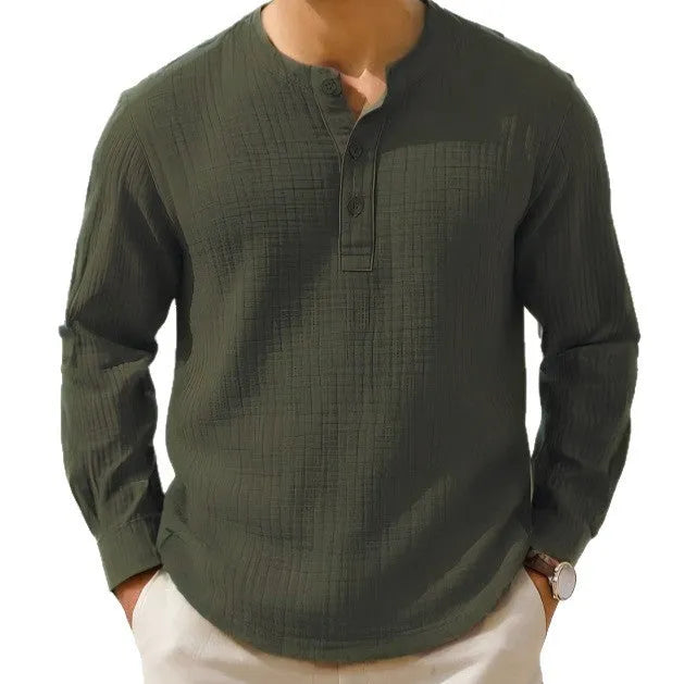 Slim fit cotton linen long sleeve pullover shirt with 3/4 sleeves in Army Green colour