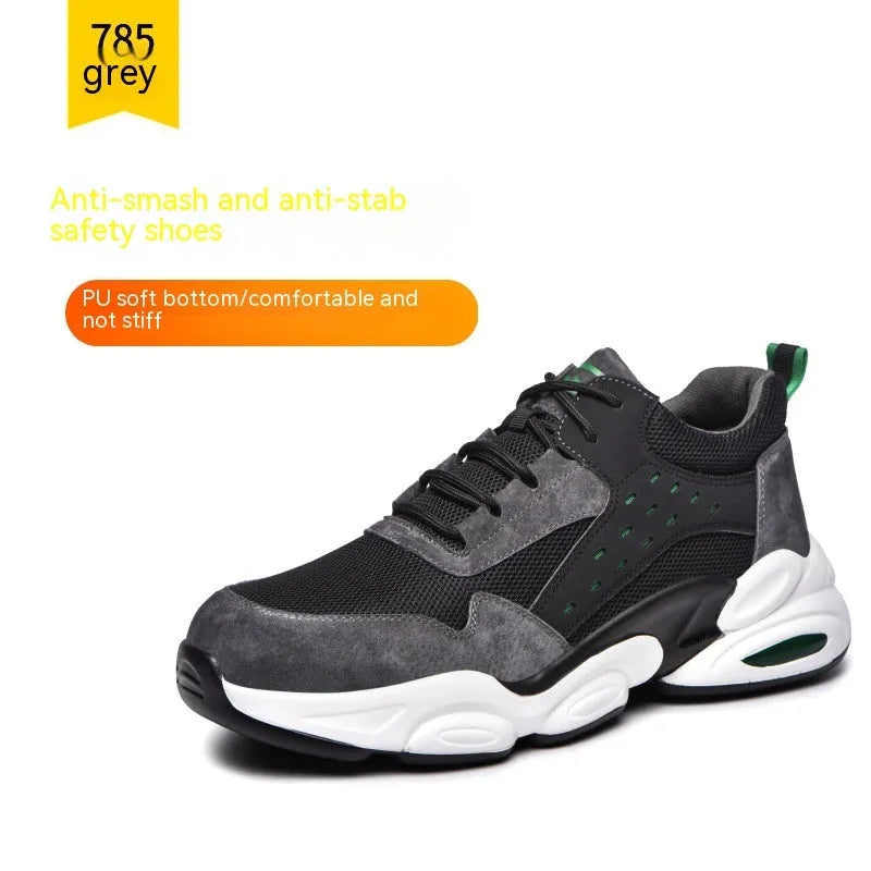 Breathable mesh labour insurance safety shoes with Flyknit upper and PU sole in black, grey, or beige colours