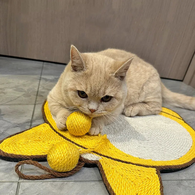Yellow Corgi-butt design sisal cat scratching board with adhesive hooks on a white background
