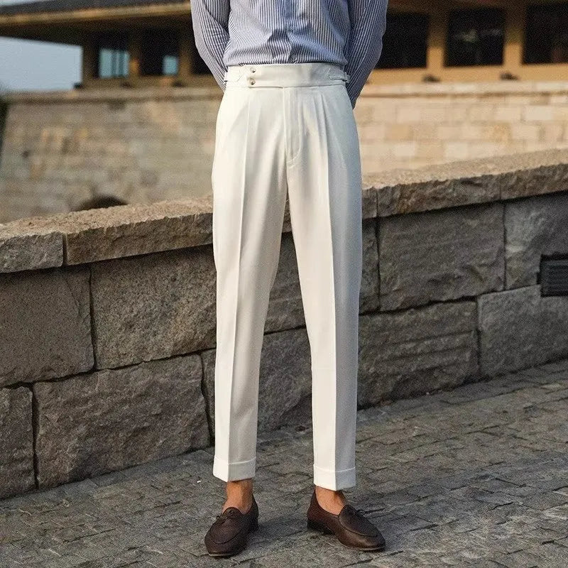 Slim fit straight-leg suit trousers in black, white and apricot colours for business formal occasions