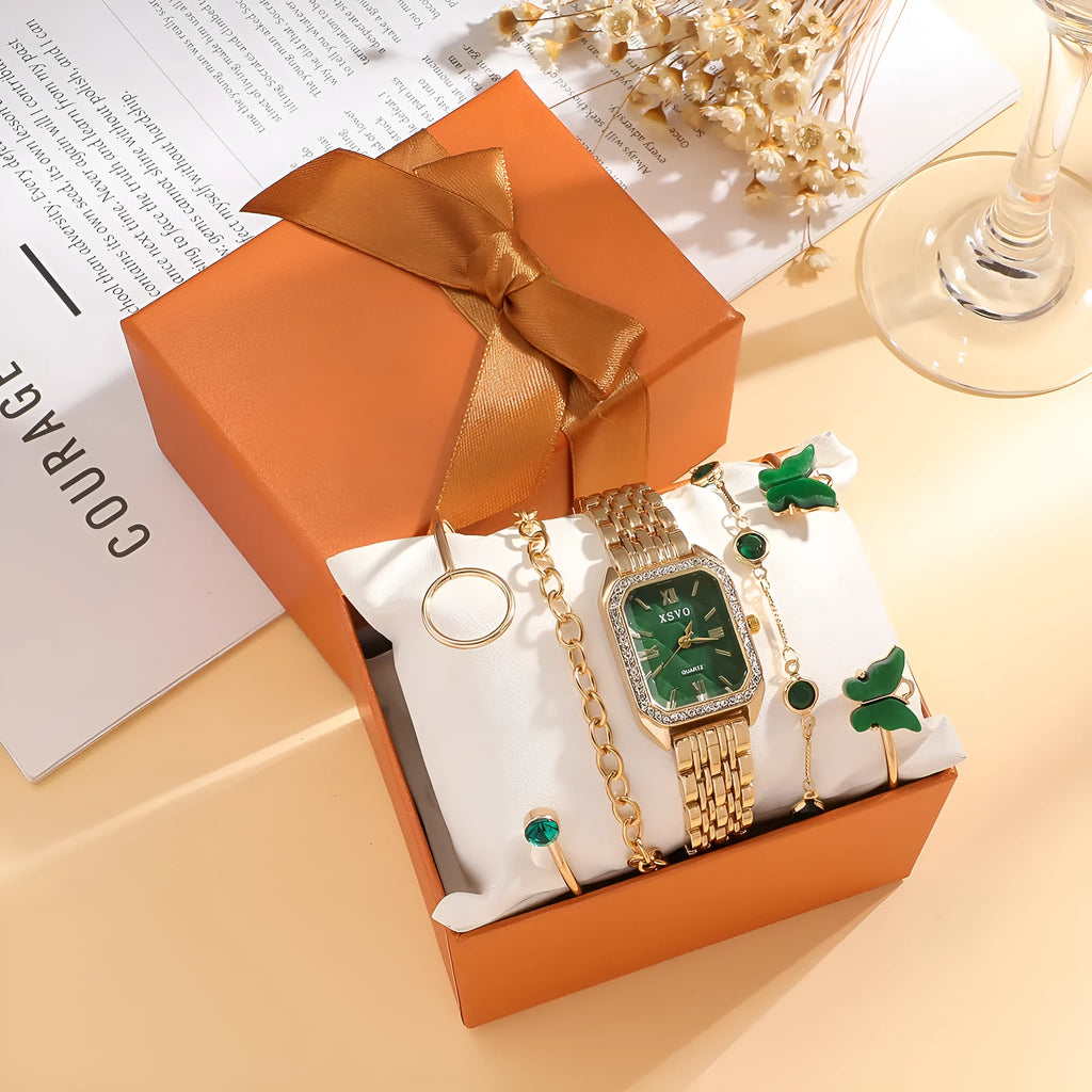Gold green women's square watch with four matching bracelets, 25mm dial diameter