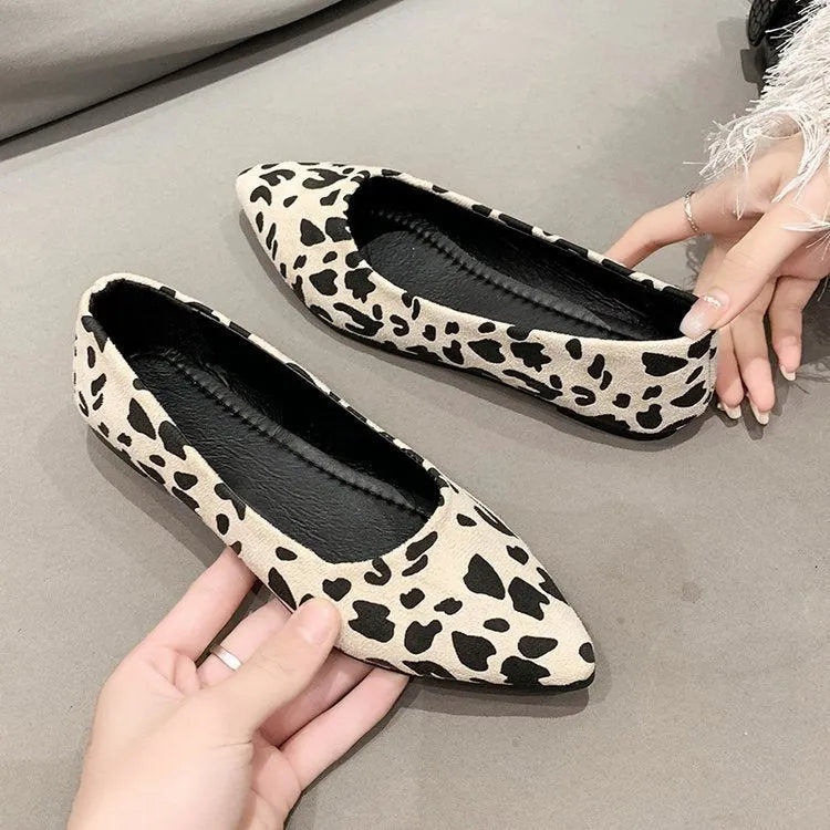 Women's leopard print flat pumps with a pointed toe and low flat heel on a rubber sole.