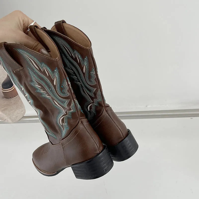 Brown women's embroidered martin boots with mid-calf length and square low heel