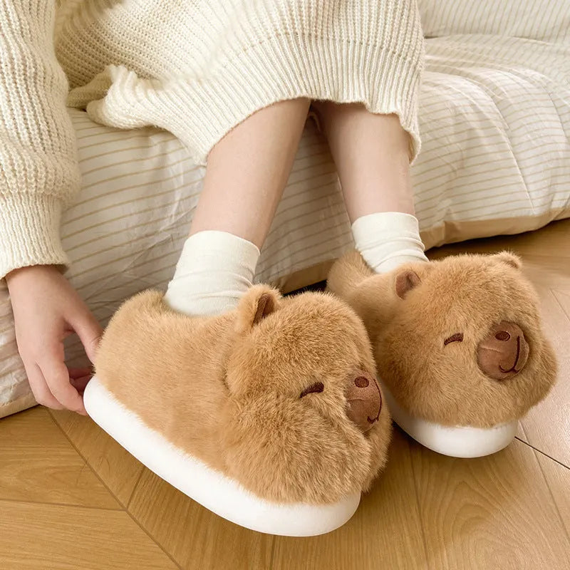 Light brown women's winter plush slippers with cartoon pattern and artificial wool lining