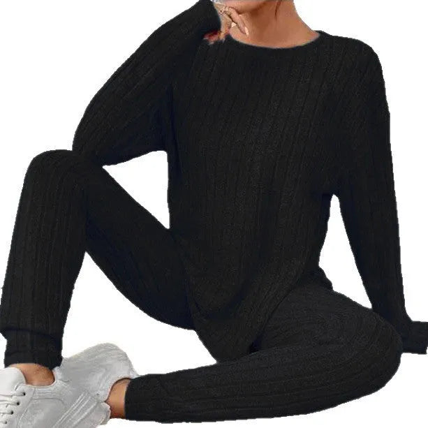 Women's black sunken stripe two-piece lounge set with top and trousers