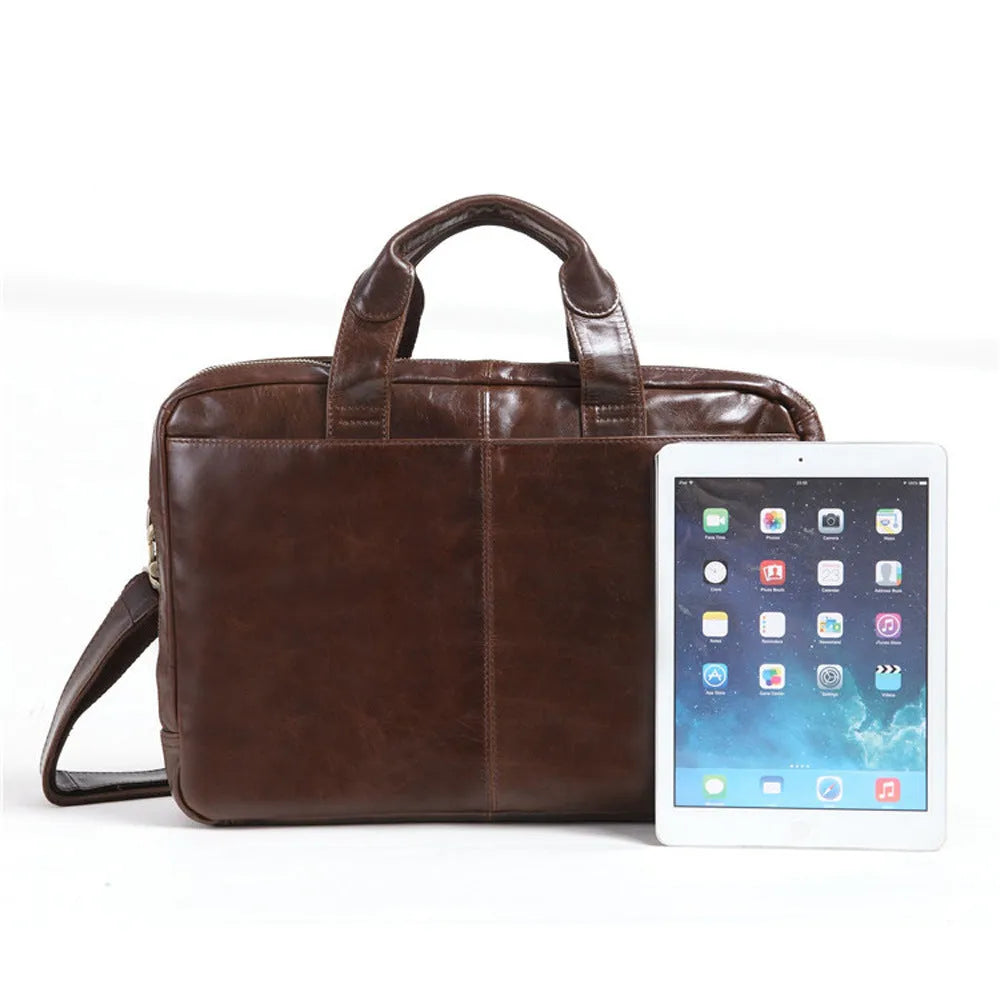 Brown men's 18-inch business briefcase in first layer cowhide leather with polyester lining