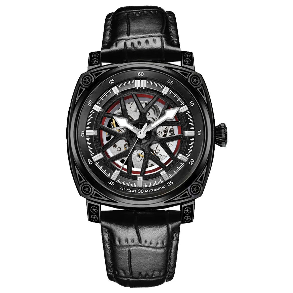 Stainless steel automatic mechanical men's watch with leather strap on wrist