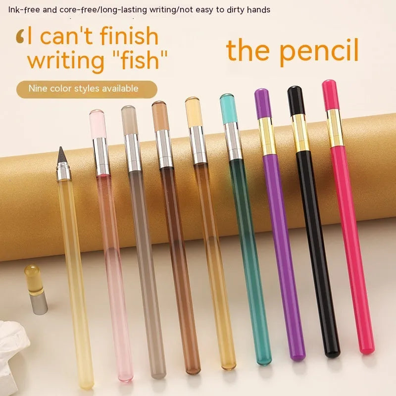 Clear acrylic eternal mechanical pencil with alloy writing tip and assorted coloured lead refills.