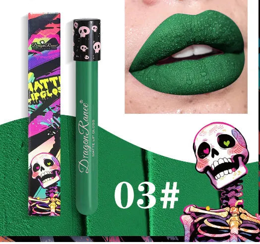 Halloween creative makeup lip gloss in test tube skull packaging with gold and silver matte finish.
