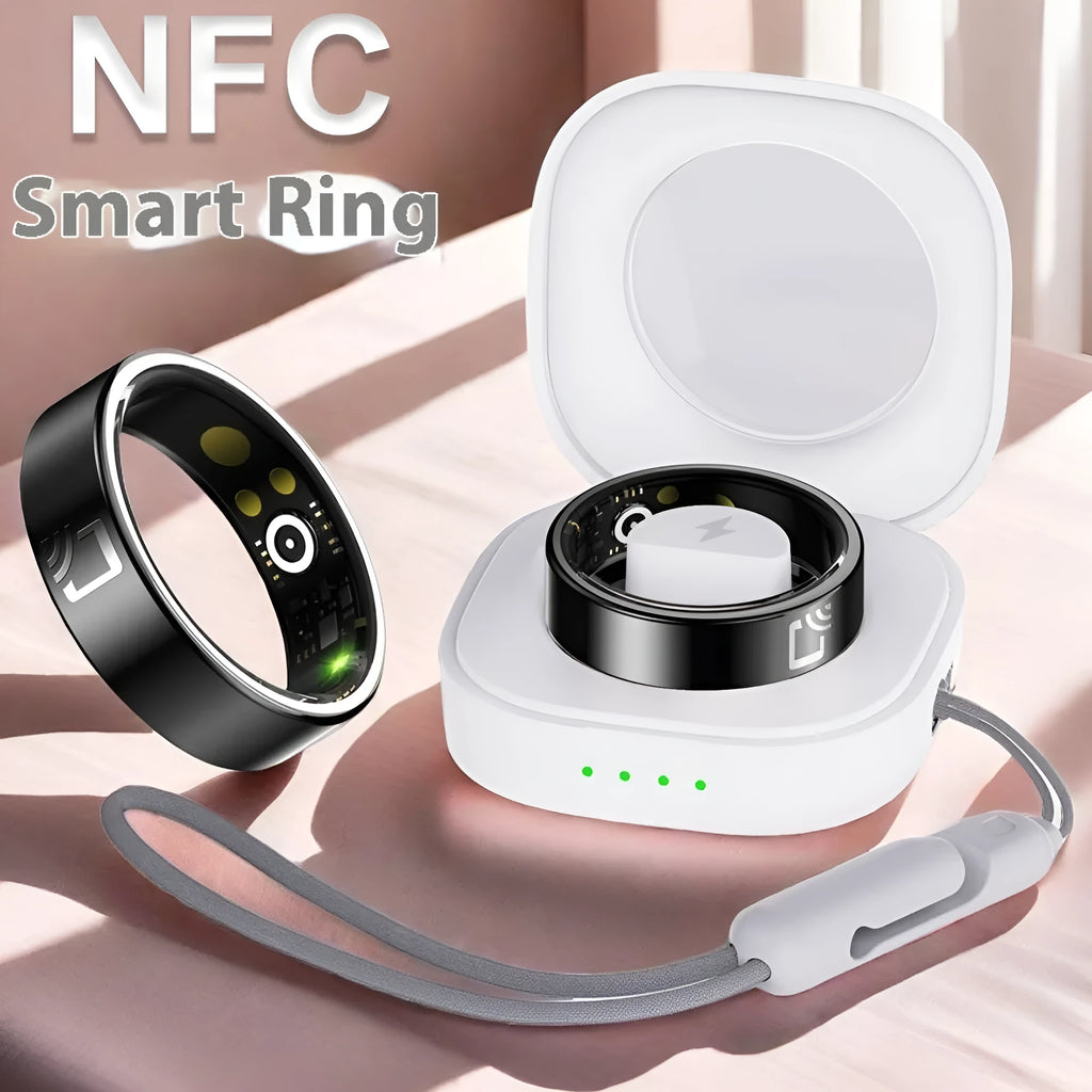 Black ceramic smart ring for heart rate, SpO2, and sleep monitoring on a finger