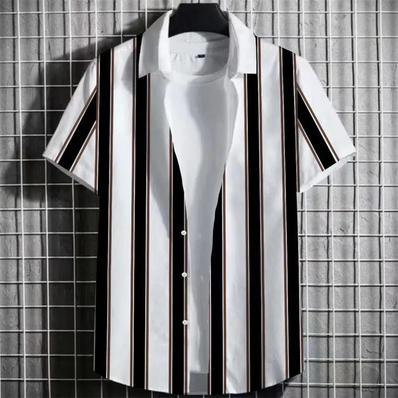 Man wearing a striped linen short-sleeve T-shirt with a 3D printed pattern.