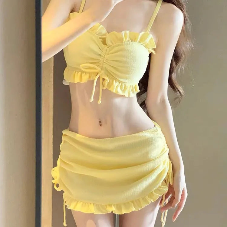 Women's milk silk bikini swimsuit set in solid colour with separate top and pants
