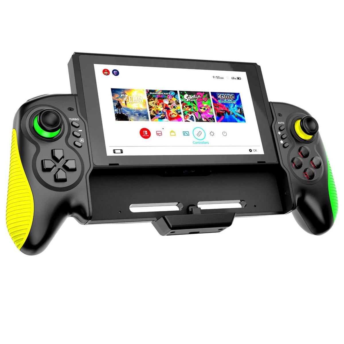 Yellow-green game controller with in-line handles for Nintendo Switch and Windows PC compatibility