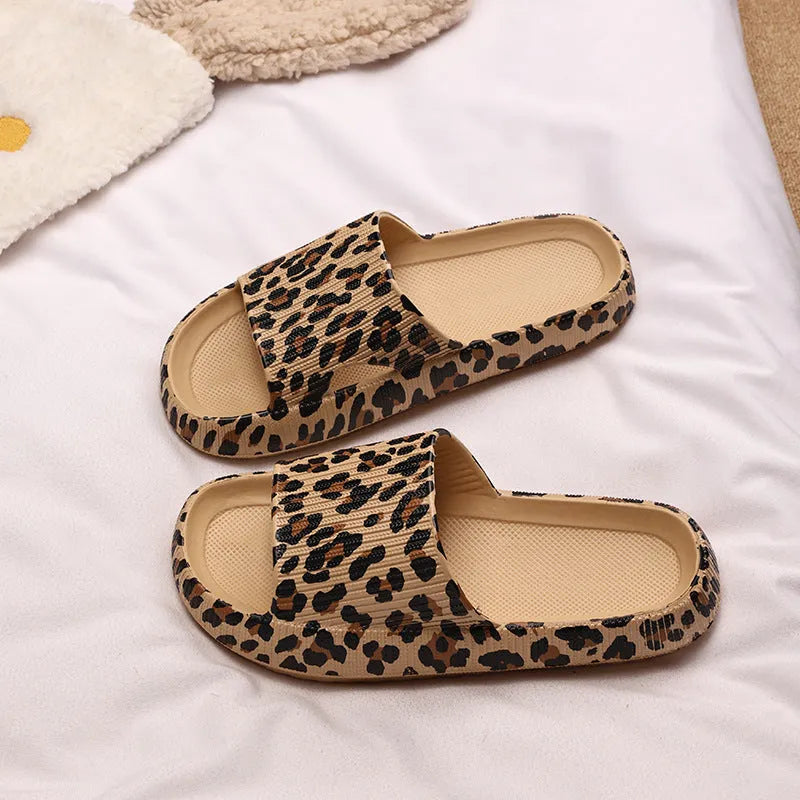 Women's leopard print EVA slippers shown in multiple colours and size options for indoor and outdoor wear.