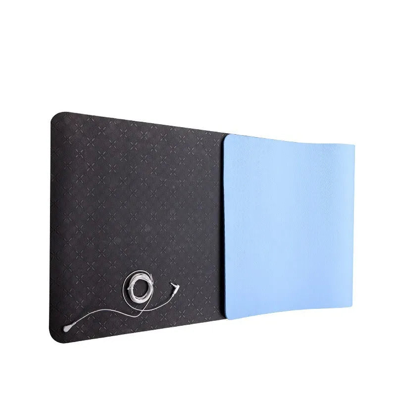 Blue conductive yoga mat with grounding wire, showing plant pattern and 182cm length.