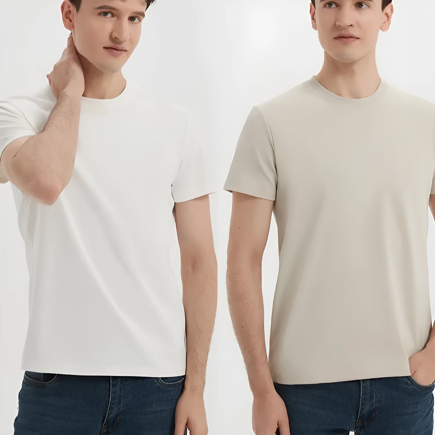 Men's beige antibacterial quick-drying short sleeve sport T-shirt on a hanger