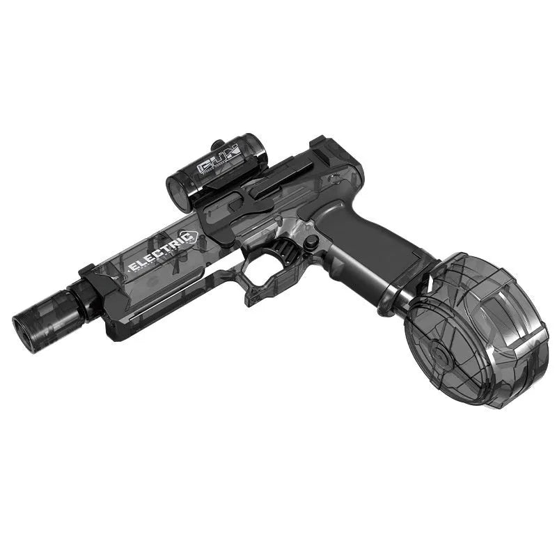 Fire Rat electric water pistol in black showing automatic drum magazine and USB charging port for outdoor summer water fights