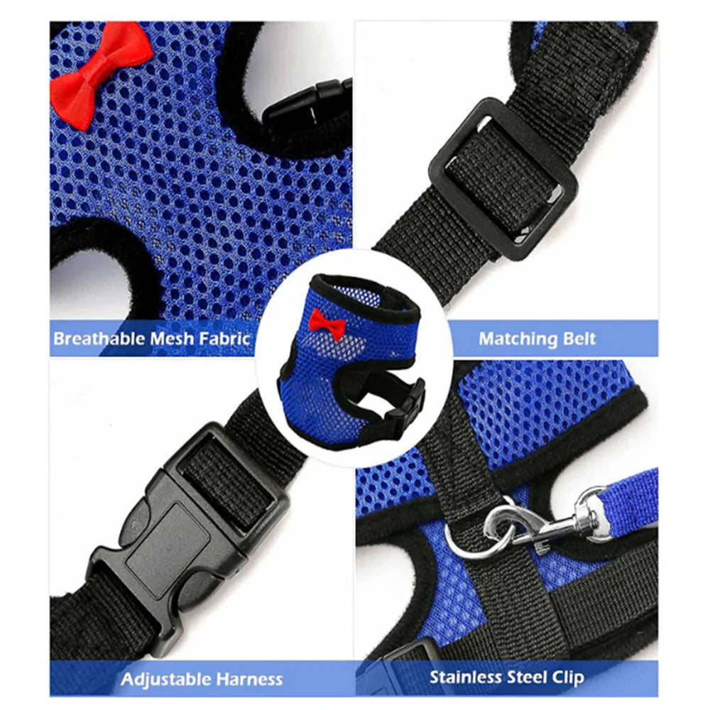 Adjustable chicken harness vest set with decorative bow collar and 110cm traction rope
