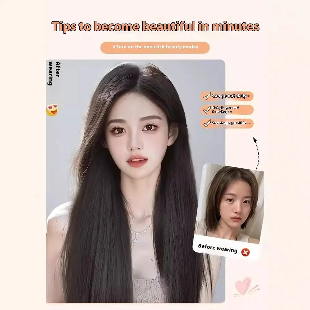 Forehead lace long straight synthetic wig in dark brown and cold brown shades with side bangs.