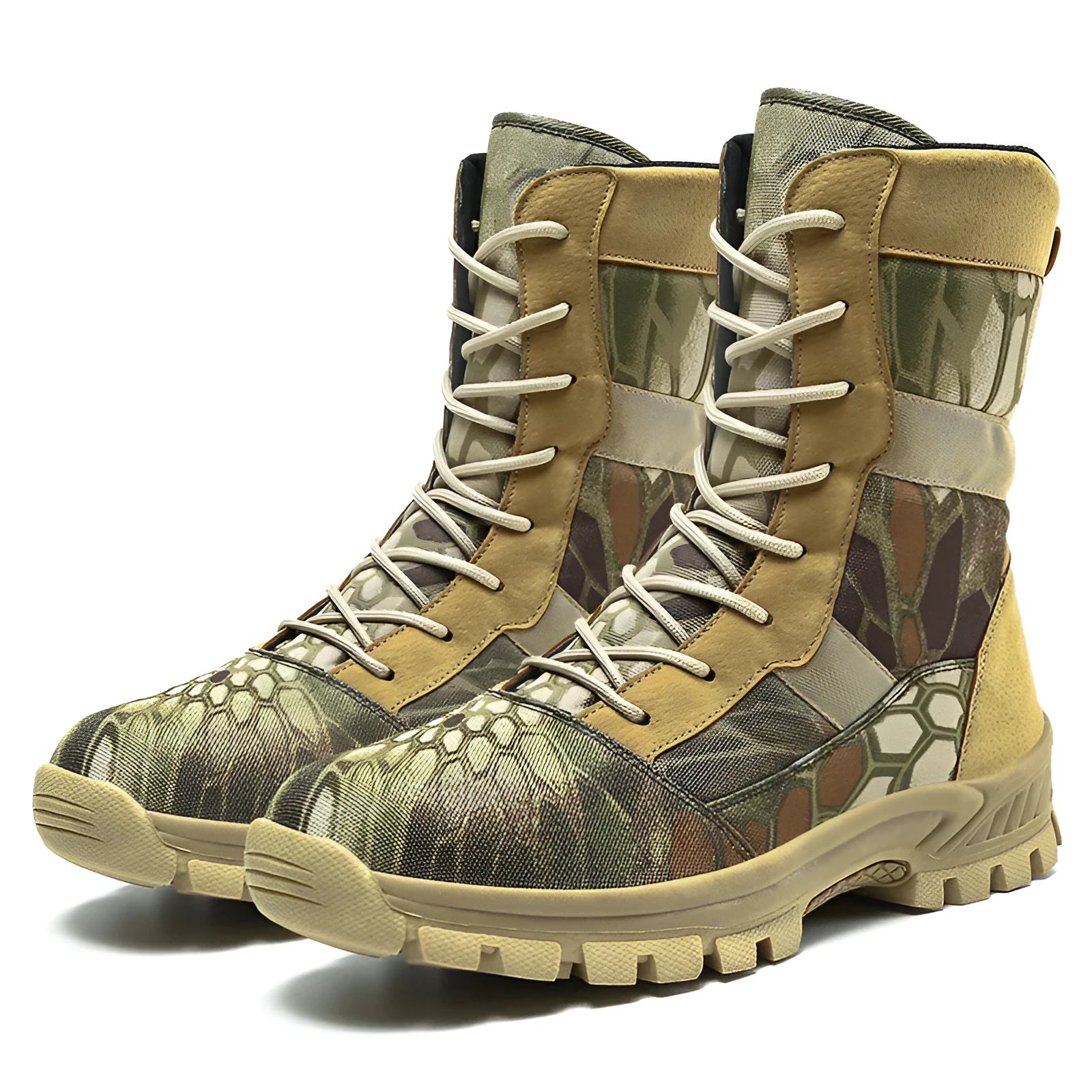 Men's black and camouflage plus size high-top combat boots with mesh upper showing totem detailing