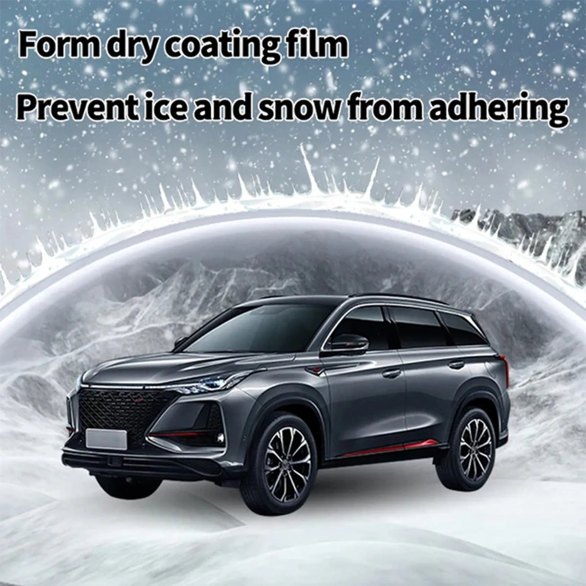Blue and white car snow brush with built-in hydrophobic nano coating spray bottle for ice removal.
